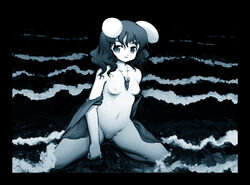 animal_ear bunny_ear kneeling kyuu monochrome nude short_hair solo tewi_inaba touhou water waves