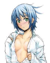 1girls areola blue_hair blush breasts double_arts elraine_figarette female figarette_elraine futurepack green_eyes gun_ho open_clothes open_shirt shirt short_hair