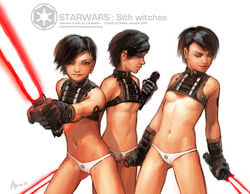 3girls bare_shoulders belly black_gloves black_hair clones closed_eyes holding_sword holding_weapon inquisitor leaning leaning_forward leaning_to_the_side lightsaber logo multiple_girls niklas_jansson no_bra red_eyes short_hair sith sith_lord sith_witch small_breasts smile standing star_wars stomach tattoo teenager text thighs underboob white_background white_panties