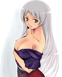 alternate_hairstyle areolae bangs blue_eyes breast_hold breast_slip breasts cleavage clothes_down collarbone eirin_yagokoro erect_nipples female grey_hair kfc long_hair looking_at_viewer nipples no_bra off_shoulder one_breast_out open_clothes open_mouth open_shirt silver_hair simple_background solo standing straight_hair touhou very_long_hair white_background yuu_(kfc)