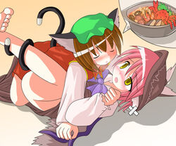 2girls animal_ears bandage bandages barefoot blush bowl breath cat_ears cat_tail chen crab des female food hat heavy_breathing imagining multiple_girls multiple_tails mystia_lorelei oden shrimp tail tail_wrap touhou uncensored yuri