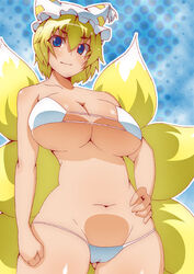 1girls animal_ear bikini blonde_hair blue_eyes breasts female fox_ear fox_tail hand_on_hip hat hips huge_breasts ran_yakumo short_hair solo swimsuit tail toudori touhou