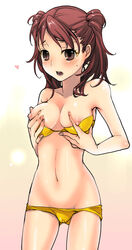 1girls bikini bikini_bottom bikini_top blush bottomwear breast_grab breasts brown_eyes brown_hair cameltoe clothing covering covering_breasts female heart human kujikawa_rise megami_tensei nipple_slip nipples persona persona_4 short_hair solo swimsuit swimwear tied_hair topwear twintails udk yellow_bikini