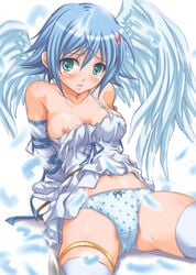 angel angel_wings asymmetrical_wings blue_hair breasts camisole lingerie nanael nipples panties polka_dot polka_dot_panties queen's_blade queen's_blade takumi_namuchi thighhighs underwear wings