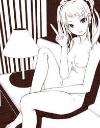 :p earrings hands jewelry kujikawa_rise long_hair megami_tensei monochrome nude persona persona_4 sitting tied_hair tongue twintails v yada_ei