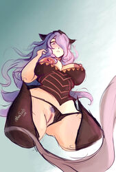 akirascrolls animal_humanoid breasts camilla_(fire_emblem) clothed clothing clothing_aside colored_sketch exposed_breasts female fire_emblem fire_emblem_fates hi_res humanoid looking_down mammal mammal_humanoid nipples panties panties_aside pubes pussy solo underwear underwear_aside wide_hips