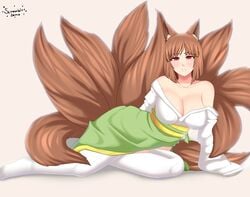 1girls 9_tails animal_ears bangs big_breasts blush breasts brown_hair chara cleavage clothed clothed_female clothes clothing collarbone exposed_shoulders fae-sama female female_only fox_ears fox_girl fox_tail kimono kitsune large_breasts long_sleeves looking_at_viewer multiple_tails red_eyes short_hair shoulders sitting smile solo solo_female tail thighhigh_socks thighhighs undertale white_legwear white_thighhighs