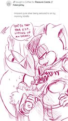 anthro breasts dialogue female furry male milf pleasure_castle rental_mommy_shirt shirt_lift silver_the_hedgehog sonic_(series) vanilla_the_rabbit