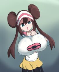 1girls alternate_breast_size blue_eyes brown_hair clothed crashbox female hairbuns huge_breasts human human_only leggings looking_at_viewer meme pokemon pokemon_bw2 rosa_(pokemon) skirt small_but_busty solo stockings yellow_skirt