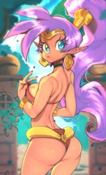 absurdres ass blue_eyes blue_sky breasts choker dark_skin day earrings eyelashes female hair_tubes highres jewelry long_hair mahmapuu medium_breasts nipples outdoors pointy_ears ponytail purple_hair shantae shantae_(character) shiny shiny_skin sky smooth_skin solo standing thighs tiara vambraces very_long_hair