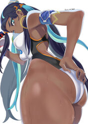 1girls ass bare_shoulders breasts clothes dark-skinned_female dark_skin female gloves hand_on_ass human human_only large_ass mi_mi_ham nessa_(pokemon) nintendo poke_ball pokemon pokemon_ss single_glove solo sweat swimsuit text thick_thighs wet wide_hips