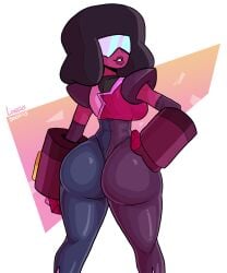 afro exposed_ass garnet_(steven_universe) gauntlet gauntlets gem_(species) gem_fusion large_ass loggus_doggus multiversus purple_skin shiny_clothes shiny_skin simple_background skinny_waist steven_universe sunglasses thick_ass thick_lips thick_thighs tight_clothing tight_pants wide_hips