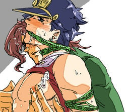 2boys blush from_behind gag gagged hierophant_green jojo's_bizarre_adventure jotaro_kujo nipple_play nippleplay nipples noriaki_kakyoin shirt_lift stand_(jjba) stardust_crusaders stardust_crusaders_(ova) tentacle tentacle_on_male tōru yaoi