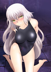 1girls angry arms_behind_back black_swimsuit blush breasts clenched_teeth embarrassed fate/grand_order fate_(series) female jeanne_alter kneeling large_breasts long_hair looking_at_viewer on_floor one-piece_swimsuit silver_hair solo swimsuit thighs very_long_hair voluptuous yadokari yadokari_genpachirou yellow_eyes