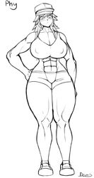 abs big_breasts big_thighs black_and_white devais hat medium_hair monochrome muscular_female nipples original phy shorts sketch