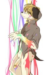 absurd_res balls blonde_hair bottomless canid canine canis clothed clothing domestic_dog fangs floppy_ears hair hat headgear headwear hi_res male male_only mammal paint penis rainbow sagemerric shirt solo topwear