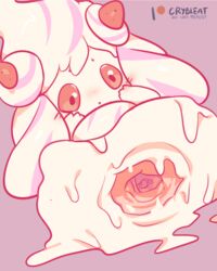 alcremie ambiguous_gender bodily_fluids conditional_dnp crybleat digital_media_(artwork) fairy feral food food_porn gaping genital_fluids goo_creature hi_res looking_at_viewer nintendo nude open_mouth patreon pokémon_(species) pokemon pokemon_ss red_eyes solo text video_games wet