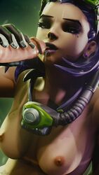 1boy 1girls 3d alternate_costume areolae blender blizzard_entertainment breasts cum cum_on_face dark-skinned_female dark_skin erection fellatio female interracial latina male nipples open_mouth oral overwatch pale-skinned_male pale_skin penis sombra tongue tongue_out tulum_sombra video_games wunder