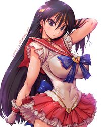 2019 amania_orz big_breasts bishoujo_senshi_sailor_moon black_hair bow breasts choker clothed clothing earrings gloves hand_on_head headwear huge_breasts large_breasts light_blush light_skin looking_at_viewer purple_eyes purple_hair rei_hino ruffled_skirt sailor_collar sailor_mars serafuku skirt thin_waist very_long_hair white_background