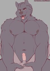 2019 absurd_res anthro areola black_eyes canid canine canis duo erection first_person_view fur hi_res looking_down male male/male male_pov mammal navel nipples open_mouth pecs penis pink_tongue shiuk solo_focus submissive submissive_pov taker_pov tongue tongue_out url wolf