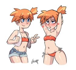 1girls alternate_outfit armpits arms_up bare_shoulders belly bikini blue_eyes blush cleavage clothed clothes female female_only gerph half-closed_eyes heart human human_only kasumi_(pokemon) midriff misty_(pokemon_lgpe) navel nintendo orange_hair pokemon pokemon_lgpe pokemon_rgby red_hair short_hair shorts side-tie_bikini side_ponytail small_breasts smile solo standing thick_thighs thigh_gap underboob v vest watermark white_background wide_hips