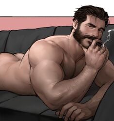 1boy beard big_ass black_eyes brown_hair bubble_butt cigar cigarette completely_nude dopq hairy huge_ass inviting laying_down laying_on_bed league_of_legends looking_at_viewer malcolm_graves male male_only manly muscular muscular_back muscular_male naked on_stomach seductive seductive_look smoking solo solo_male yy6242