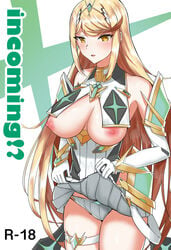 1girls areolae armor bangs blonde_hair blush breasts cover_page doujin_cover doujinshi dress dress_lift elbow_gloves eyebrows_visible_through_hair female gem gloves hair_ornament headpiece jewelry large_areolae large_breasts long_hair mythra_(xenoblade) nintendo nipples open_mouth panties shoulder_armor shy solo swept_bangs theakingu thigh_strap thighs tiara underwear very_long_hair white_dress xenoblade_(series) xenoblade_chronicles_2 yellow_eyes