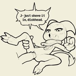 1:1 angry anthro dialogue digimon digimon_(species) duo english_text female hi_res impmon itsunknownanon lying male missionary_position monochrome nude on_back penetration penis profanity pussy sex shallow_penetration sharp_teeth solo solo_focus spread_legs spreading straight teeth text