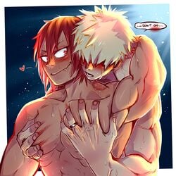 2boys bara bite_mark blonde_hair blush chest eijirou_kirishima gay katsuki_bakugou kukkiisart male male_only muscle muscles my_hero_academia red_eyes red_hair ring shirtless smile speech_bubble squeezing sweatdrop sweaty yaoi