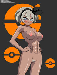 1girls abs alternate_breast_size areolae armpits bea_(pokemon) belly big_breasts breasts busty chuyryu dark-skinned_female female grey_background hairband hands_on_hips muscular muscular_female navel nipples nude pokemon pokemon_ss pubic_hair pussy text thigh_gap url watermark