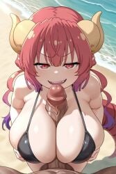 1boy 1boy1girl ai_generated beach big_balls big_breasts big_penis big_testicles bikini black_bikini cocky_smile dark-skinned_male dark_skinned_male day dragon dragon_girl dragon_horns dragon_tail female female grabbing_own_breast gradient_hair half-closed_eyes horns huge_breasts ilulu_(dragon_maid) ilulu_(maidragon) kobayashi-san_chi_no_maidragon large_breasts looking_at_another looking_up muscular_male ocean paizuri pointy_ears red_eyes seductive sharp_teeth shortstack size_difference smaller_female standing_paizuri tail yellow_horns