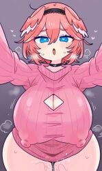 1girls ai_generated blue_eyes blush covered_nipples erect_nipples hair_feathers heart-shaped_pupils hololive orange_hair pink_sweater pussy_juice takane_lui thick_thighs thighs virtual_youtuber wide_hips
