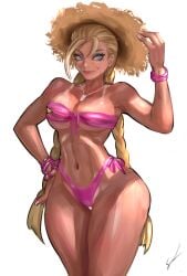 1girls bikini blonde_hair blue_eyes cammy_white capcom cleavage large_breasts long_hair orionm scar street_fighter sun_hat twin_braids twintails