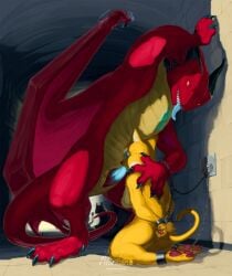 bracelet chained chains claws cuffs fangs jewelry monster necklace no_humans pokemon_(creature) red_skin shackles sharp_teeth sitting starter_pokemon tail teeth yellow_eyes