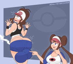 1futa 1girls alternate_breast_size ass balls behind_view big_ass blue_eyes breasts brown_hair bulge butt_expansion cum cumshot dickgirl ejaculation female futanari hilda_(pokemon) huge_ass huge_balls huge_testicles hyper_balls hyper_testicles intersex large_breasts long_hair nintendo pokemon pokemon_bw pokemon_bw2 poking ponytail rosa_(pokemon) sally_starchaser shirt shorts testicles text thick_thighs twintails watermark wide_hips