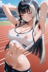 ai_generated arbitrary armpit_hair arms_up expressionless hime_cut hololive hololive_japan juufuutei_raden medium_breasts nipples_visible_through_clothing pubic_hair pussy_peek sportswear sweat vtuber