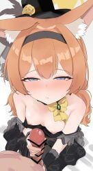 1boy absurdres animal_ear_fluff animal_ears bar_censor black_dress black_hairband black_hat blue_archive blue_eyes breasts cat_ears censored dress erection female hairband halo handjob hat highres long_hair looking_at_viewer mari_(blue_archive) mari_(idol)_(blue_archive) nipples orange_hair penis small_breasts solo_focus straight yellow_halo ykt_scl