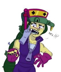 brawl_stars brawl_stars(alli) green_body green_hair green_skin spit surprise teeth