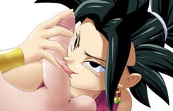 black_eyes black_hair clothing dragon_ball dragon_ball_super ear_piercing earrings enessef-uu fellatio female fusion grabbing_penis holding_penis kefla licking licking_penis looking_at_another looking_up male naked oral penis penis_against_face ponytail saiyan saliva saliva_trail short_hair straight_hair tongue tongue_out