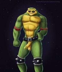 amphibian anthro balls belt erection eyewear frog front_view genitals glans green_body green_glans green_nipples grin hi_res humanoid_genitalia humanoid_penis male muscular muscular_anthro muscular_male narrowed_eyes nipples nude penis portrait red_eyes satanic_monkey simple_background smile solo spiked_belt spikes standing sunglasses three-quarter_portrait toad_(frog) vein veiny_muscles yellow_balls yellow_body yellow_penis