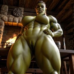 1girls ai_generated big_breasts black_hair breasts brown_eyes cozy female fireplace from_below from_below_view from_beneath green-skinned_female green_skin indoors looking_at_viewer looking_down looking_down_at_viewer muscular muscular_female nowrin open_mouth orc orc_(warcraft) orc_female ponytail presenting presenting_crotch pussy solo_female stable_diffusion thick_thighs thighs warcraft world_of_warcraft