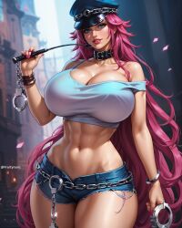 1female abs ai_generated big_breasts big_thighs blue_eyes female final_fight fruitynuns hair handcuffs hat jpg poison_(final_fight) solo solo_female street_fighter tagme twitter_link