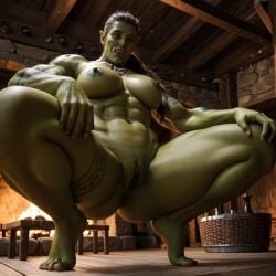 1girls ai_generated big_breasts black_hair breasts brown_eyes cozy female fireplace from_below from_below_view from_beneath green-skinned_female green_skin indoors looking_at_viewer looking_down looking_down_at_viewer muscular muscular_female nowrin open_mouth orc orc_(warcraft) orc_female ponytail presenting presenting_crotch pussy solo_female squat squatting stable_diffusion tattoo tattoos thick_thighs thighs warcraft world_of_warcraft
