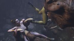 2girls 3d afraid alexbridger ass boots braided_hair breasts brown_eyes brown_hair bubble_ass bubble_butt enslaved_royal female female_prey green_skin harem harem_girl imminent_vore long_hair medium_breasts oola princess_leia_organa rancor rancor_pit sandals scared slave slave_collar slave_leia slavegirl star_wars twi'lek vore