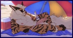 alcohol anthro arcanine balls beach beer beverage black_body black_fur bodily_fluids clothing clothing_aside cooler detailed_background dripping eyewear foreskin fur generation_1_pokemon genital_fluids genitals glasses grin hi_res holding_beer humanoid_genitalia humanoid_penis lying male muscular muscular_anthro muscular_male nintendo nipples on_side orange_body orange_fur pecs penis pokemon pokemon_(species) precum precum_drip sand sinisterheaven smile solo striped_body striped_fur stripes thong thong_aside towel umbrella underwear underwear_aside wearing_glasses yellow_body yellow_fur