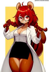 ai_generated brown_fur cute cute_face eternal_oak furry furry_female glasses mabel_maplebottom red_eyes red_hair squirrel thick_glasses twin_braids