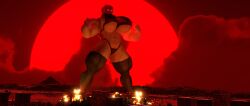 3d blender blonde_hair breasts city city_destruction destruction explosion female flexing giantess gigantic_breasts goolba huge_breasts hyper_muscles looking_down macro muscles muscular muscular_female solo sophia_(pectoriah) thick_thighs