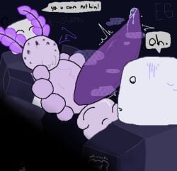 ambiguous_gender aquatic_gastropod bodily_fluids deep_sea_bunny_(pressure) feral gastropod genital_fluids genitals group holding_animal human jorunna_parva leaking_precum male mammal marine mollusk musk musk_clouds nudibranch penis precum pressure_(roblox) roblox robloxian sea_slug simple_background slug speech_bubble sweat tapering_penis text trio vein watermark worried_look yegg_yolk