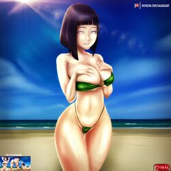 1girls beach belly big_breasts bikini black_hair boruto:_naruto_next_generations breasts busty cleavage clothed female female_only green_bikini hands_on_chest hyuuga_hinata midriff milf naruto navel ocean outdoors patreon sagaraart short_hair smile solo sun text thick_thighs thigh_gap water watermark wide_hips