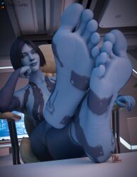 blue_skin blue_skinned_female cortana feet feet_up foot_fetish foot_focus foot_worship giantess looking_at_viewer micro soles toes
